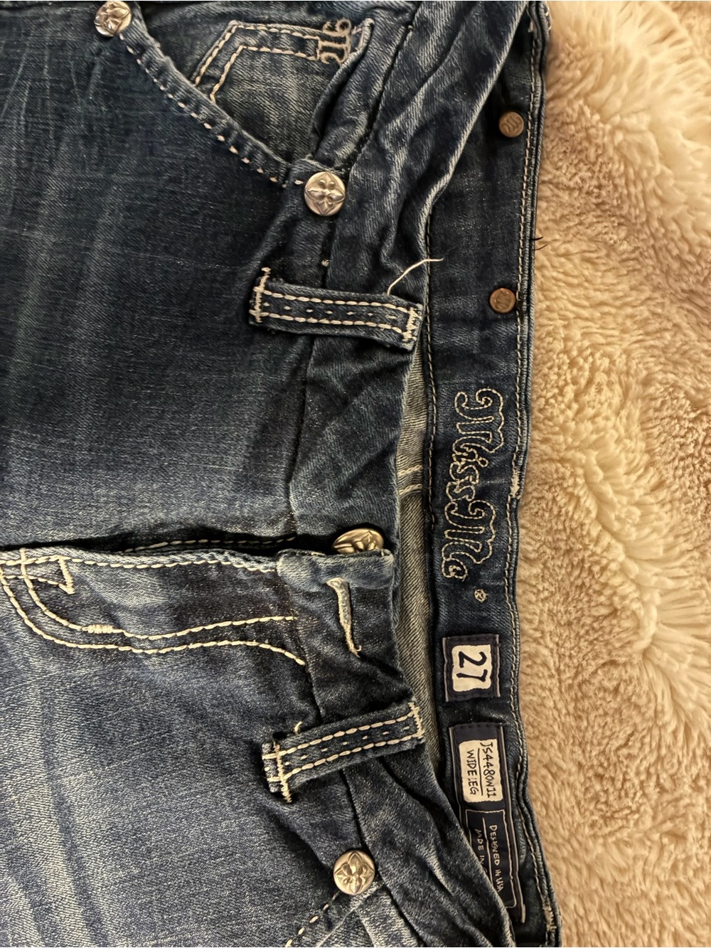Miss Me Distressed Dark Blue Denim Jeans with Contrast Stitching